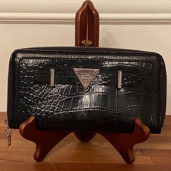 Guess Handbags - GUESS Clutch Wallet Los Angeles 1981 Black Croc with Zip Around Closure